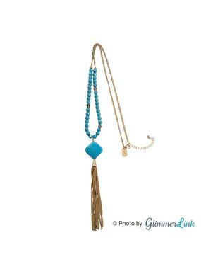 Off Park Long Tassel Necklace Blue Glass Beads Gold Tone Statement